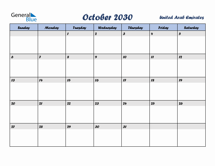October 2030 Calendar with Holidays in United Arab Emirates