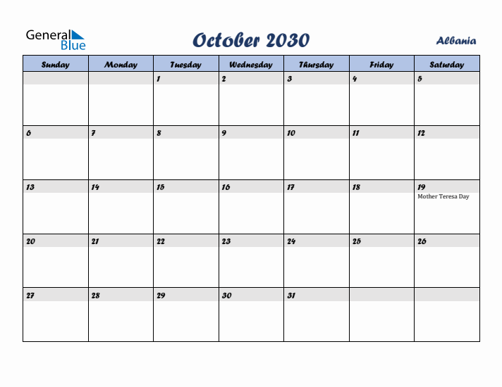 October 2030 Calendar with Holidays in Albania
