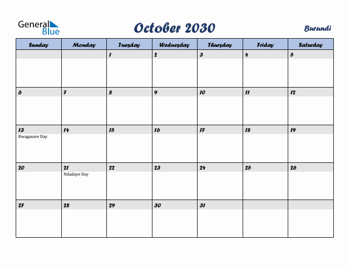 October 2030 Calendar with Holidays in Burundi
