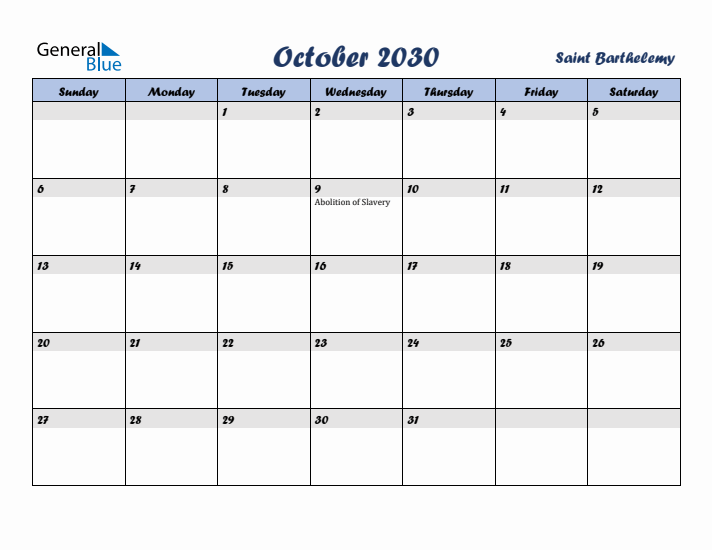 October 2030 Calendar with Holidays in Saint Barthelemy