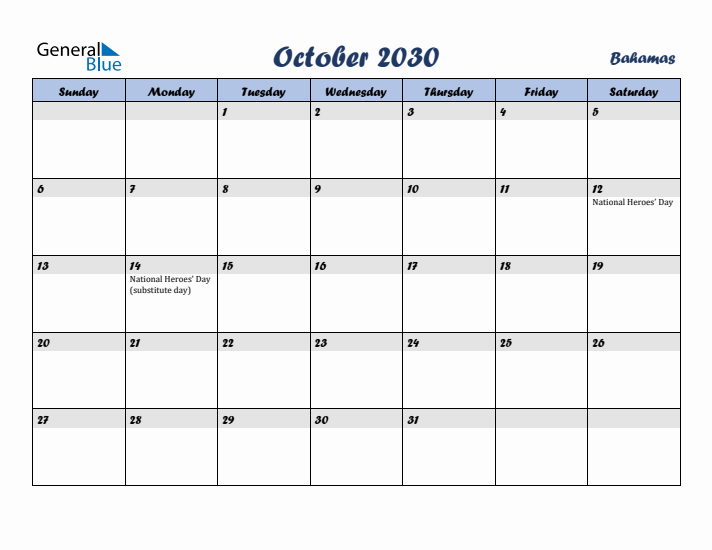 October 2030 Calendar with Holidays in Bahamas
