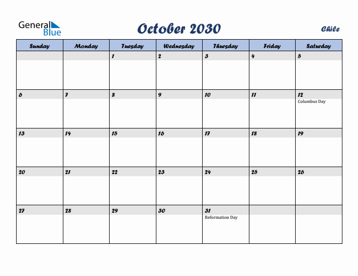 October 2030 Calendar with Holidays in Chile