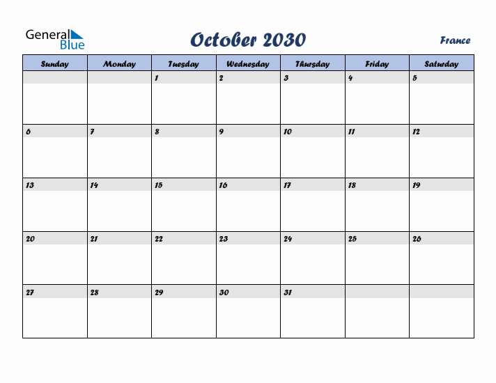 October 2030 Calendar with Holidays in France