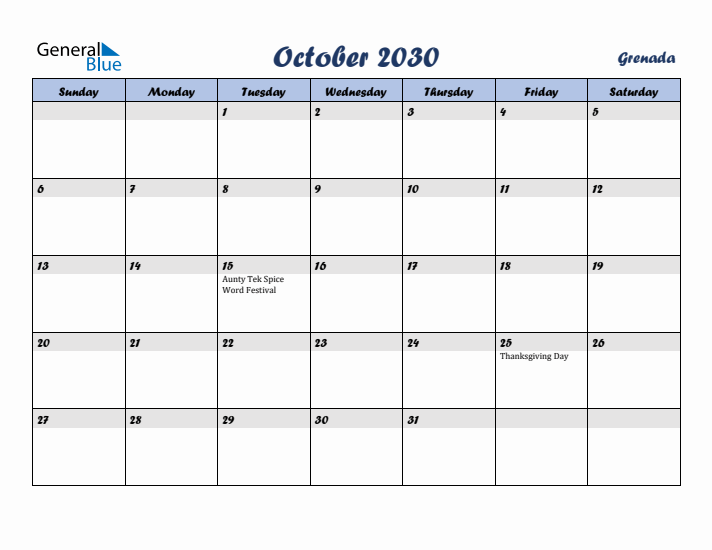 October 2030 Calendar with Holidays in Grenada