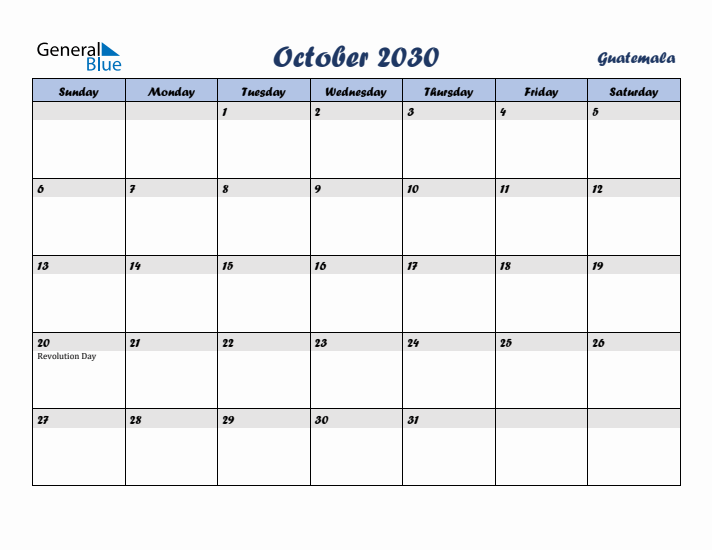October 2030 Calendar with Holidays in Guatemala