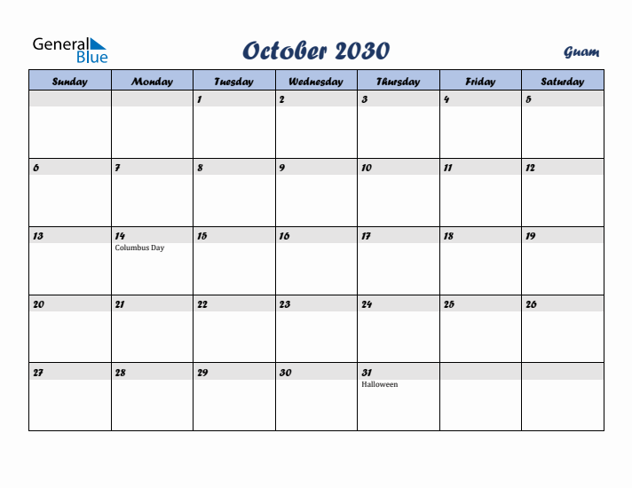 October 2030 Calendar with Holidays in Guam
