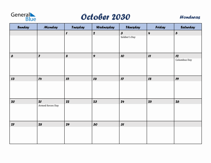 October 2030 Calendar with Holidays in Honduras