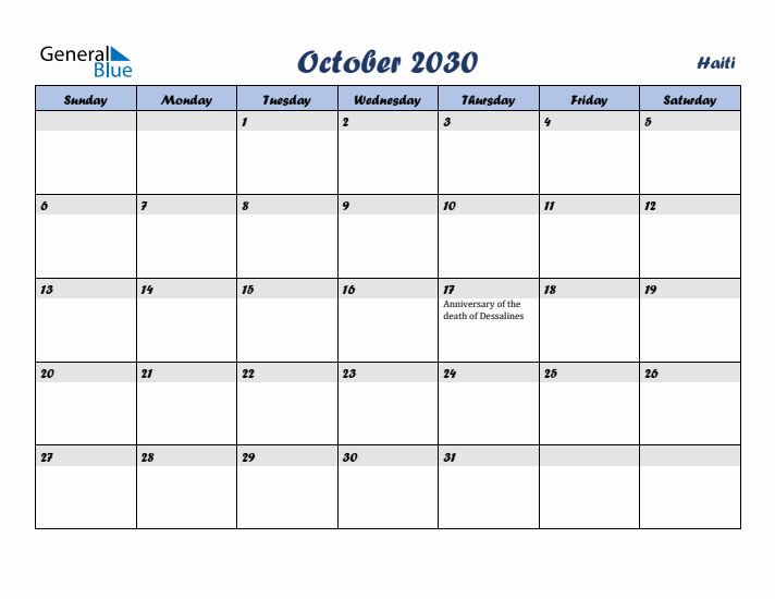 October 2030 Calendar with Holidays in Haiti