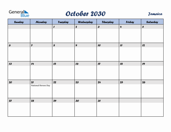 October 2030 Calendar with Holidays in Jamaica