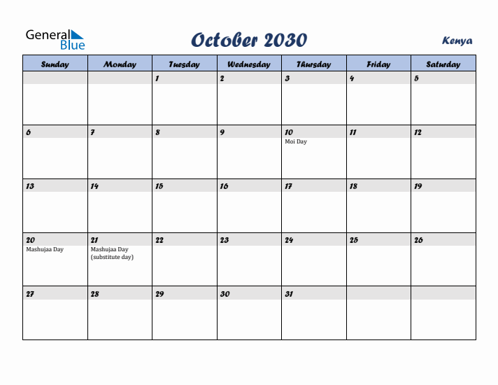 October 2030 Calendar with Holidays in Kenya