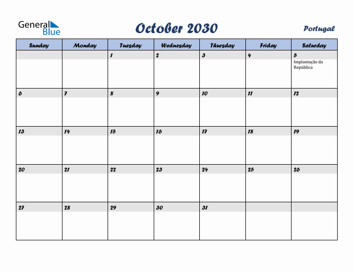 October 2030 Calendar with Holidays in Portugal