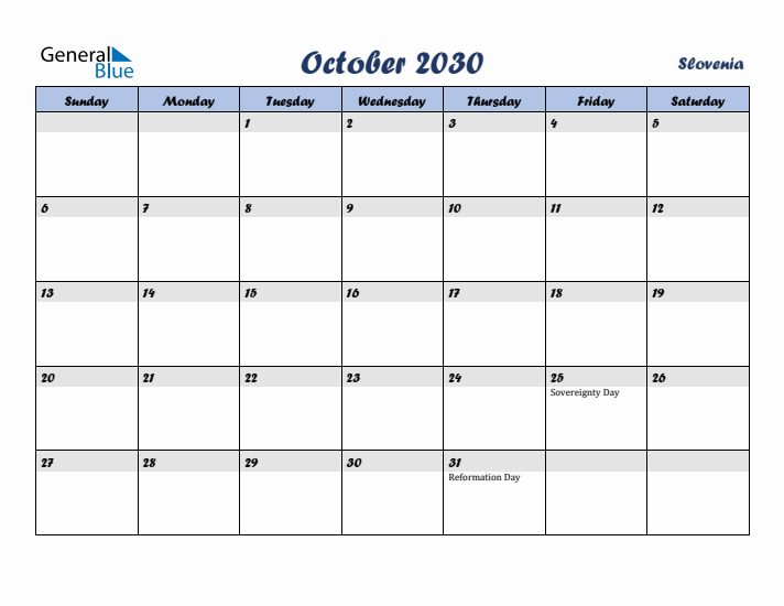 October 2030 Calendar with Holidays in Slovenia