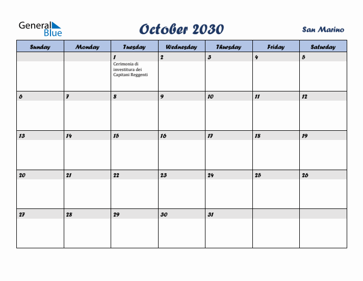 October 2030 Calendar with Holidays in San Marino