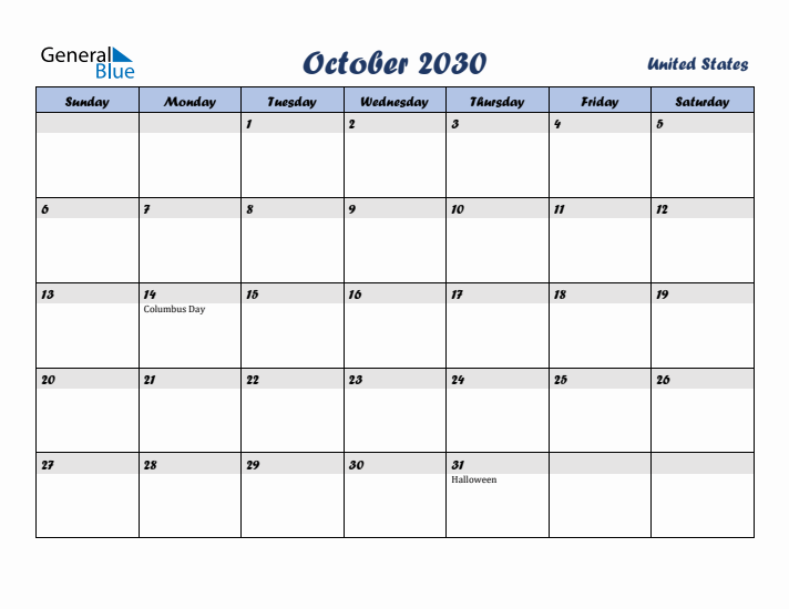 October 2030 Calendar with Holidays in United States