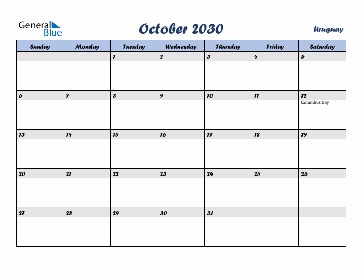 October 2030 Calendar with Holidays in Uruguay