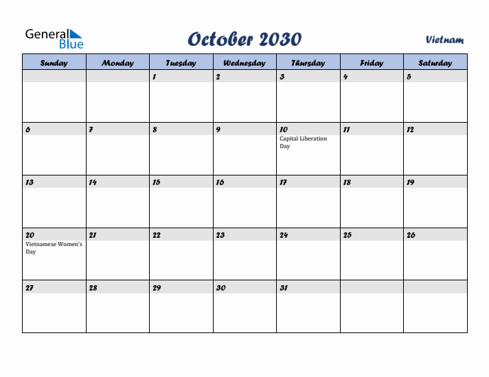 October 2030 Calendar with Holidays in Vietnam