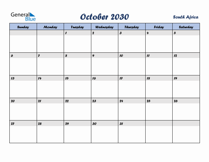 October 2030 Calendar with Holidays in South Africa