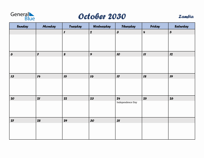 October 2030 Calendar with Holidays in Zambia