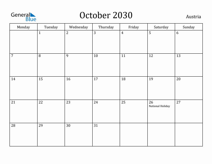 October 2030 Calendar Austria