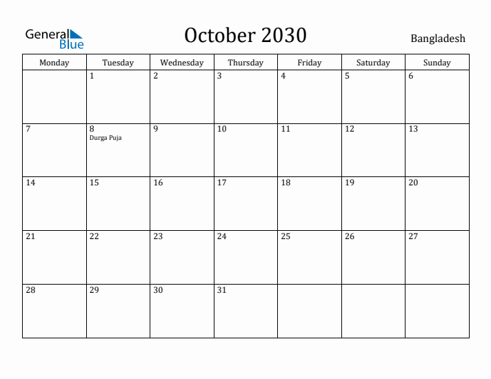 October 2030 Calendar Bangladesh