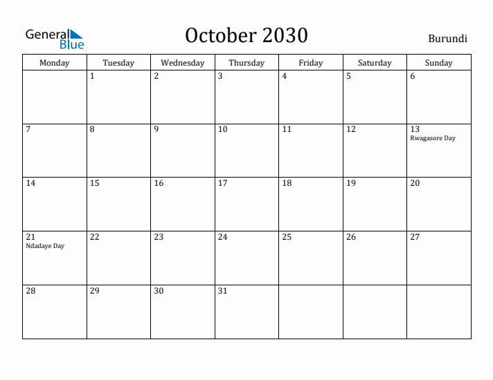 October 2030 Calendar Burundi