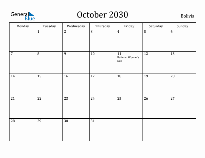 October 2030 Calendar Bolivia