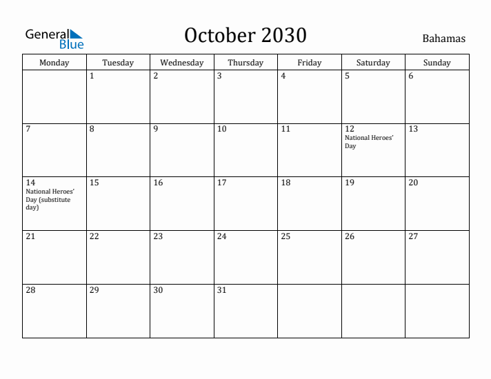 October 2030 Calendar Bahamas