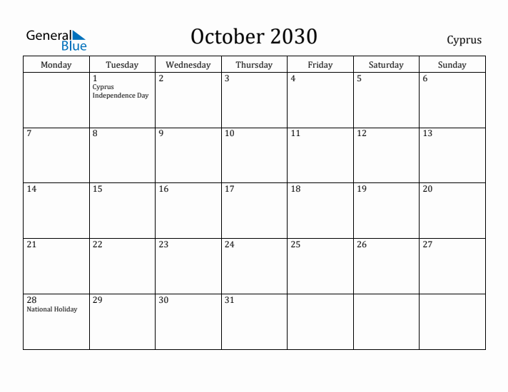 October 2030 Calendar Cyprus