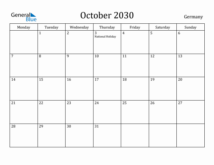 October 2030 Calendar Germany