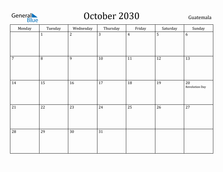 October 2030 Calendar Guatemala