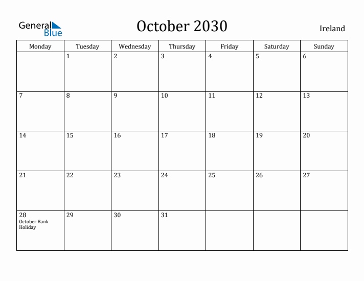 October 2030 Calendar Ireland