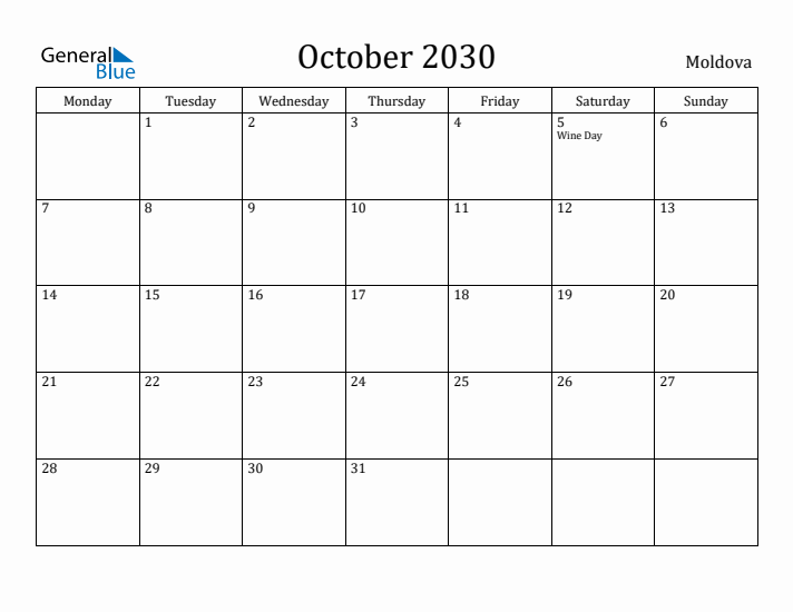 October 2030 Calendar Moldova