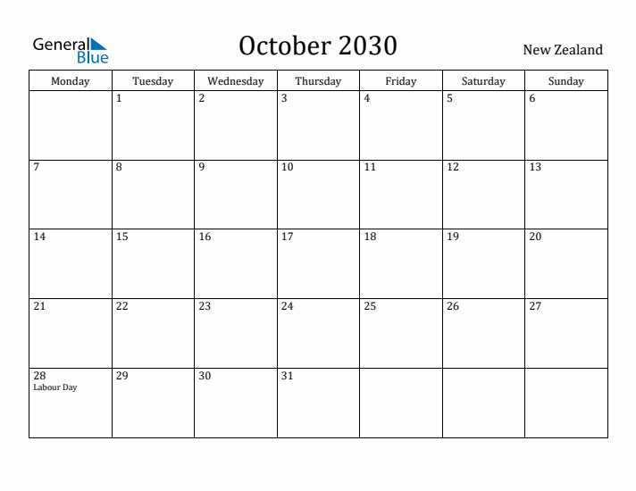 October 2030 Calendar New Zealand