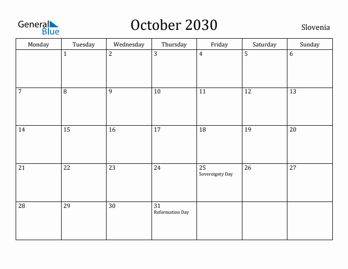 October 2030 Calendar Slovenia