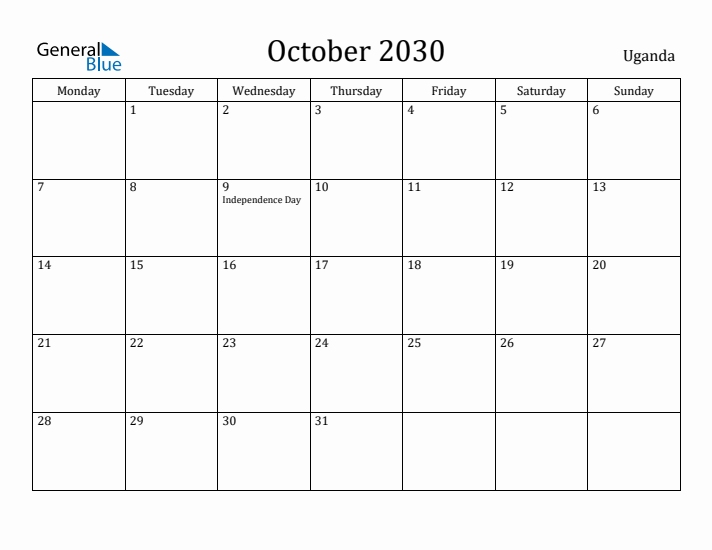 October 2030 Calendar Uganda