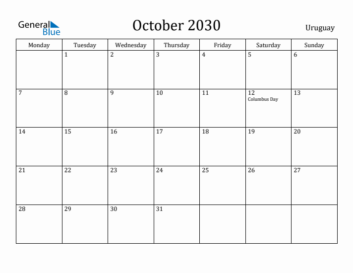 October 2030 Calendar Uruguay