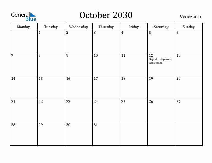October 2030 Calendar Venezuela
