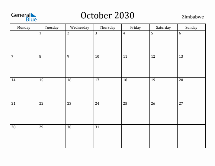 October 2030 Calendar Zimbabwe