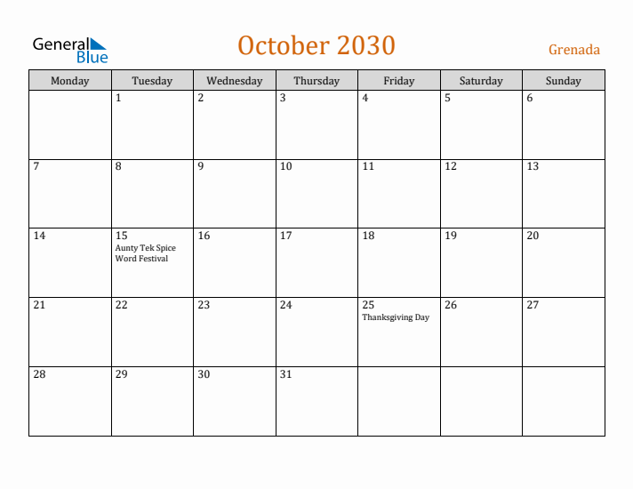 October 2030 Holiday Calendar with Monday Start