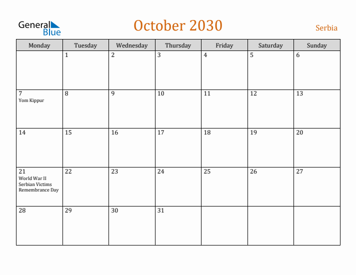 October 2030 Holiday Calendar with Monday Start