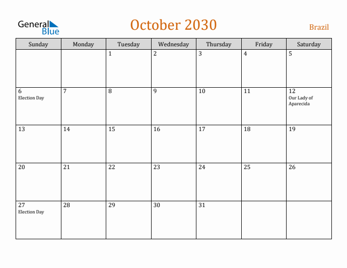 October 2030 Holiday Calendar with Sunday Start