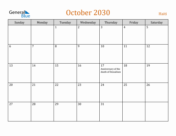 October 2030 Holiday Calendar with Sunday Start