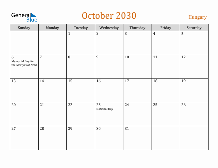 October 2030 Holiday Calendar with Sunday Start