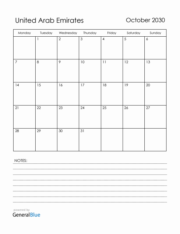 October 2030 United Arab Emirates Calendar with Holidays (Monday Start)