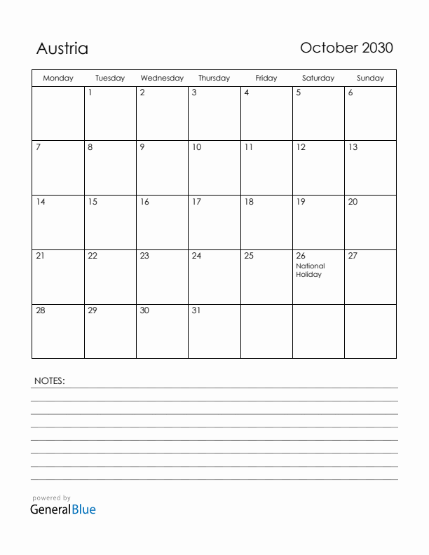 October 2030 Austria Calendar with Holidays (Monday Start)