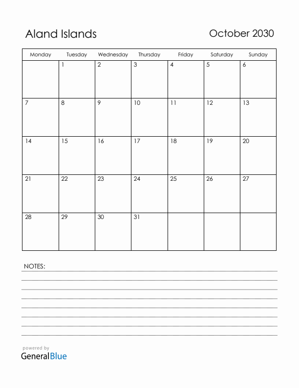 October 2030 Aland Islands Calendar with Holidays (Monday Start)