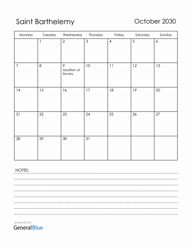 October 2030 Saint Barthelemy Calendar with Holidays (Monday Start)