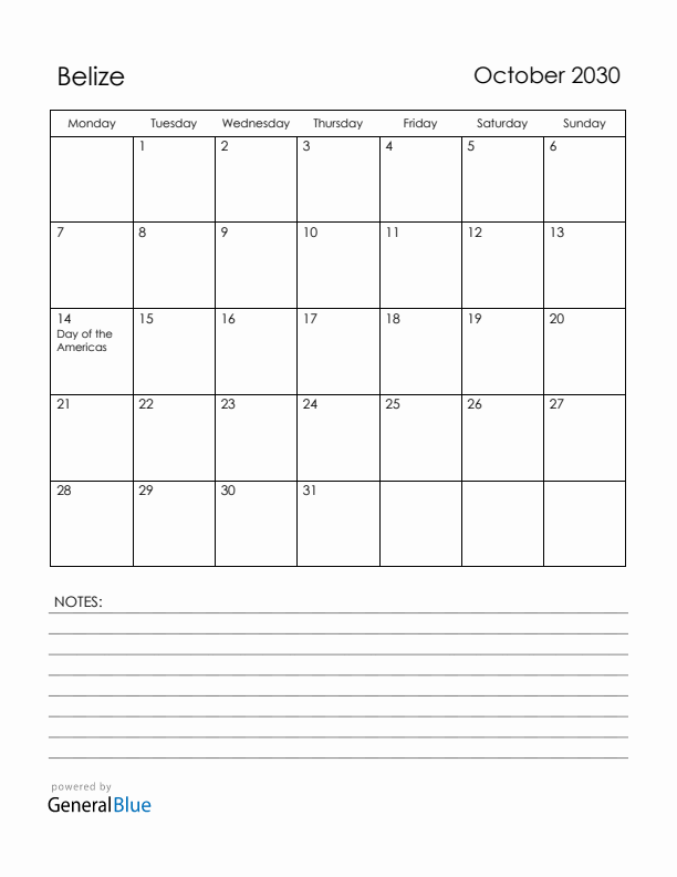 October 2030 Belize Calendar with Holidays (Monday Start)