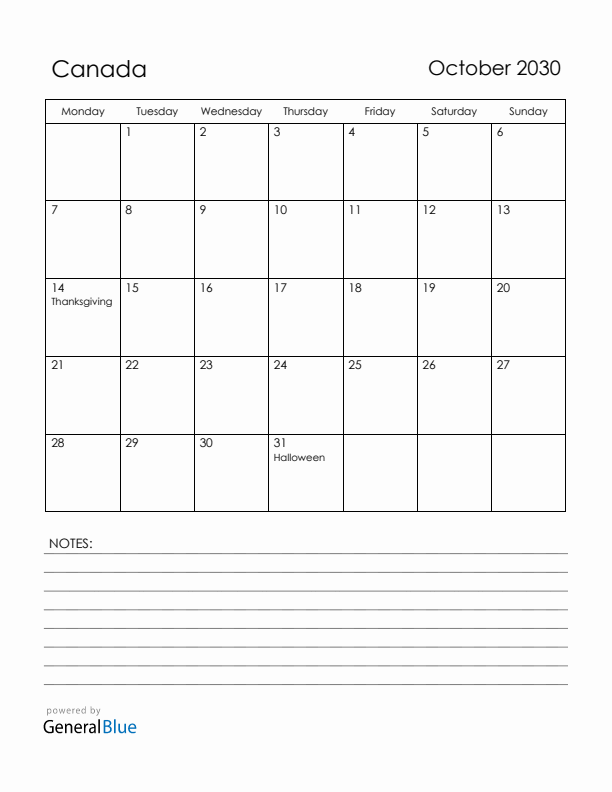 October 2030 Canada Calendar with Holidays (Monday Start)