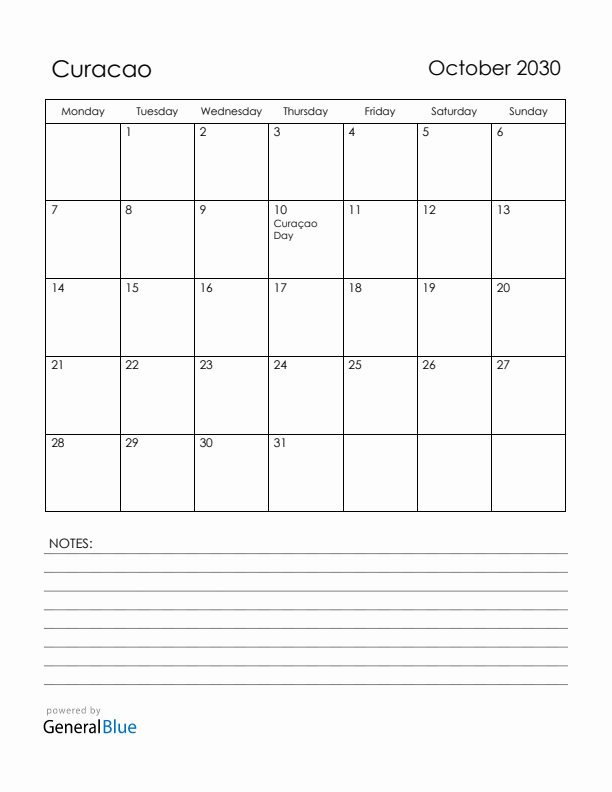 October 2030 Curacao Calendar with Holidays (Monday Start)